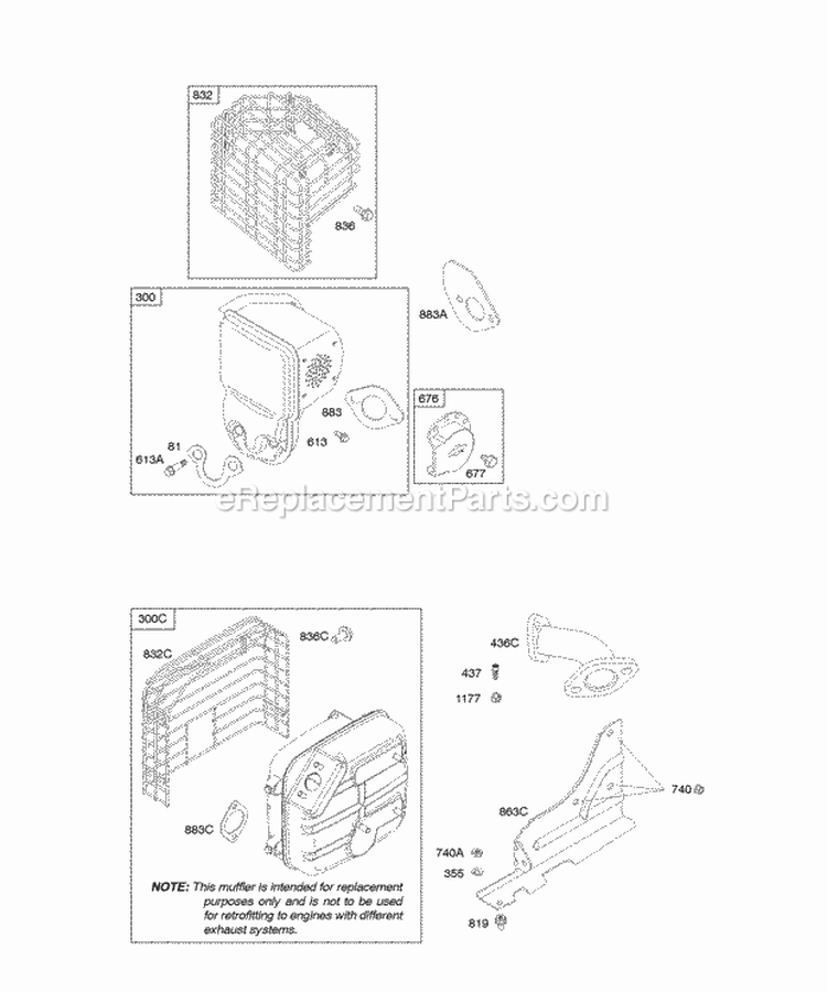 Exhaust System Diagram and Parts List for 210417-0134-E1  Briggs and Stratton Engine